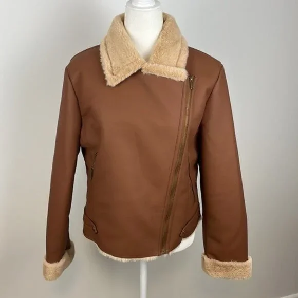 a.n.a. Brown Imitation Leather Coat with Faux Fur Size Large NWT - Picture 3 of 14